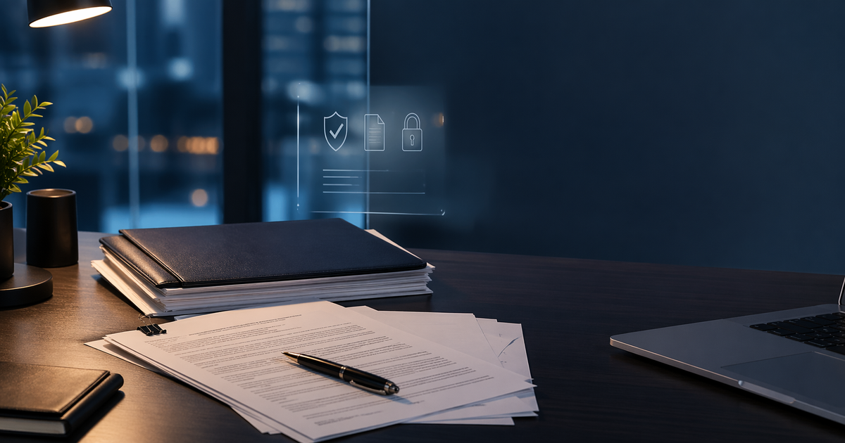 Geordnete Unterlagen mit Datenschutz- und Compliance-Symbolen in ruhiger Büroatmosphäre